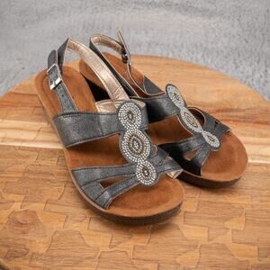 Inblu Sandals Women US 6 EU 37 Black Silver Leather Rhinestone Heel Wedge